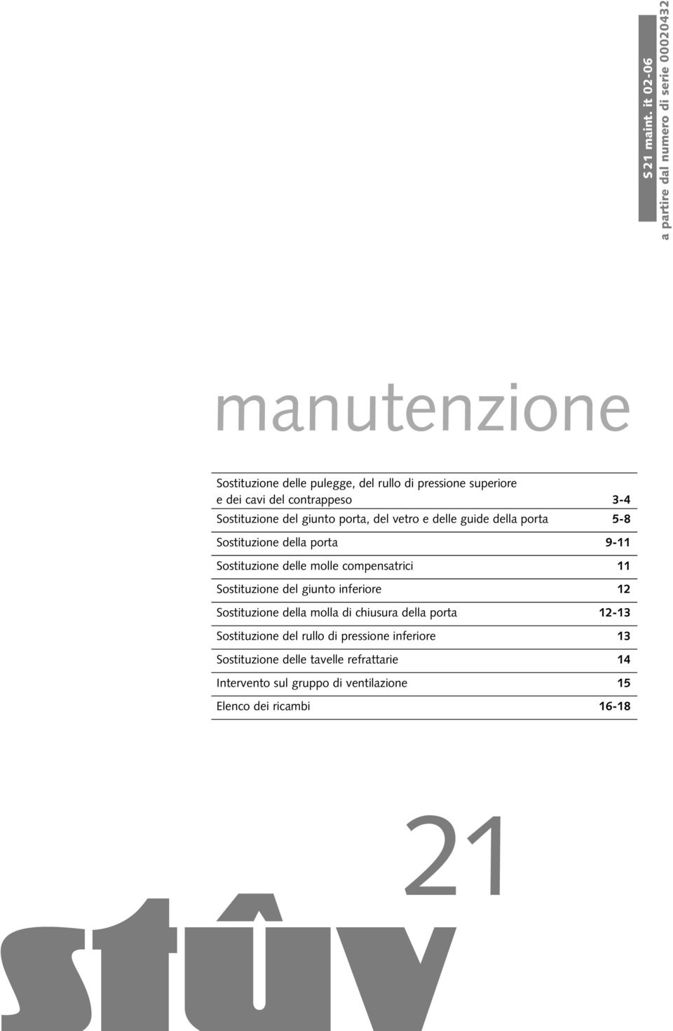 contrappeso -4 Sostituzione del giunto porta, del vetro e delle guide della porta 5-8 Sostituzione della porta 9-11 Sostituzione delle