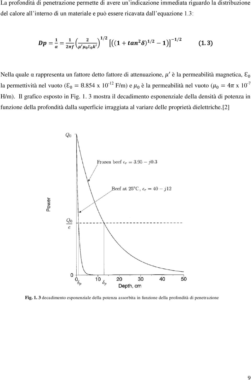 854 x 10-12 F/m) e è la permeabilità nel vuoto ( x 10-7 H/m). Il grafico esposto in Fig. 1. 3 mostra il decadimento esponenziale della densità di potenza in funzione della profondità dalla superficie irraggiata al variare delle proprietà dielettriche.