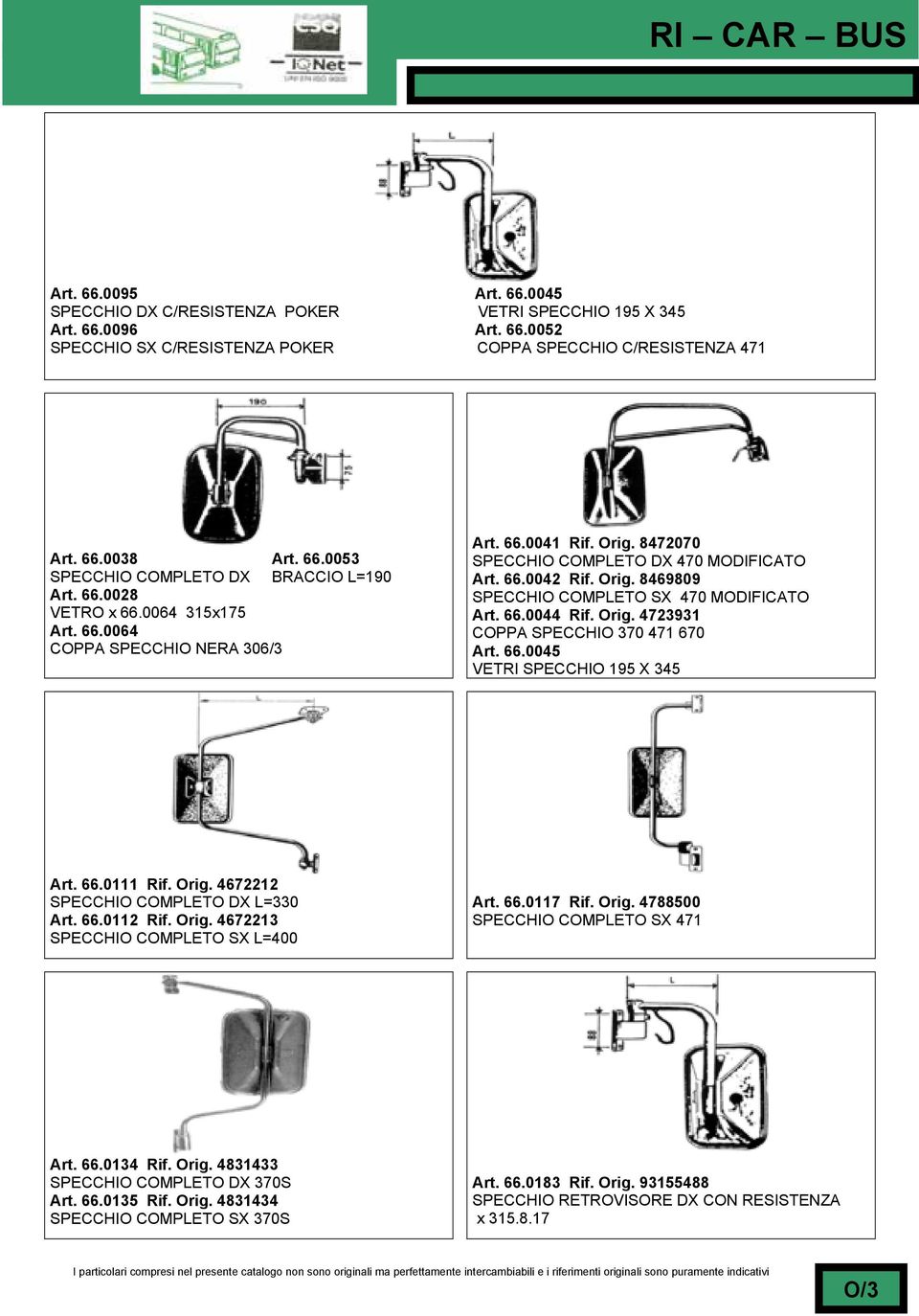 66.0044 Rif. Orig. 4723931 COPPA SPECCHIO 370 471 670 Art. 66.0045 VETRI SPECCHIO 195 X 345 Art. 66.0111 Rif. Orig. 4672212 SPECCHIO COMPLETO DX L=330 Art. 66.0112 Rif. Orig. 4672213 SPECCHIO COMPLETO SX L=400 Art.