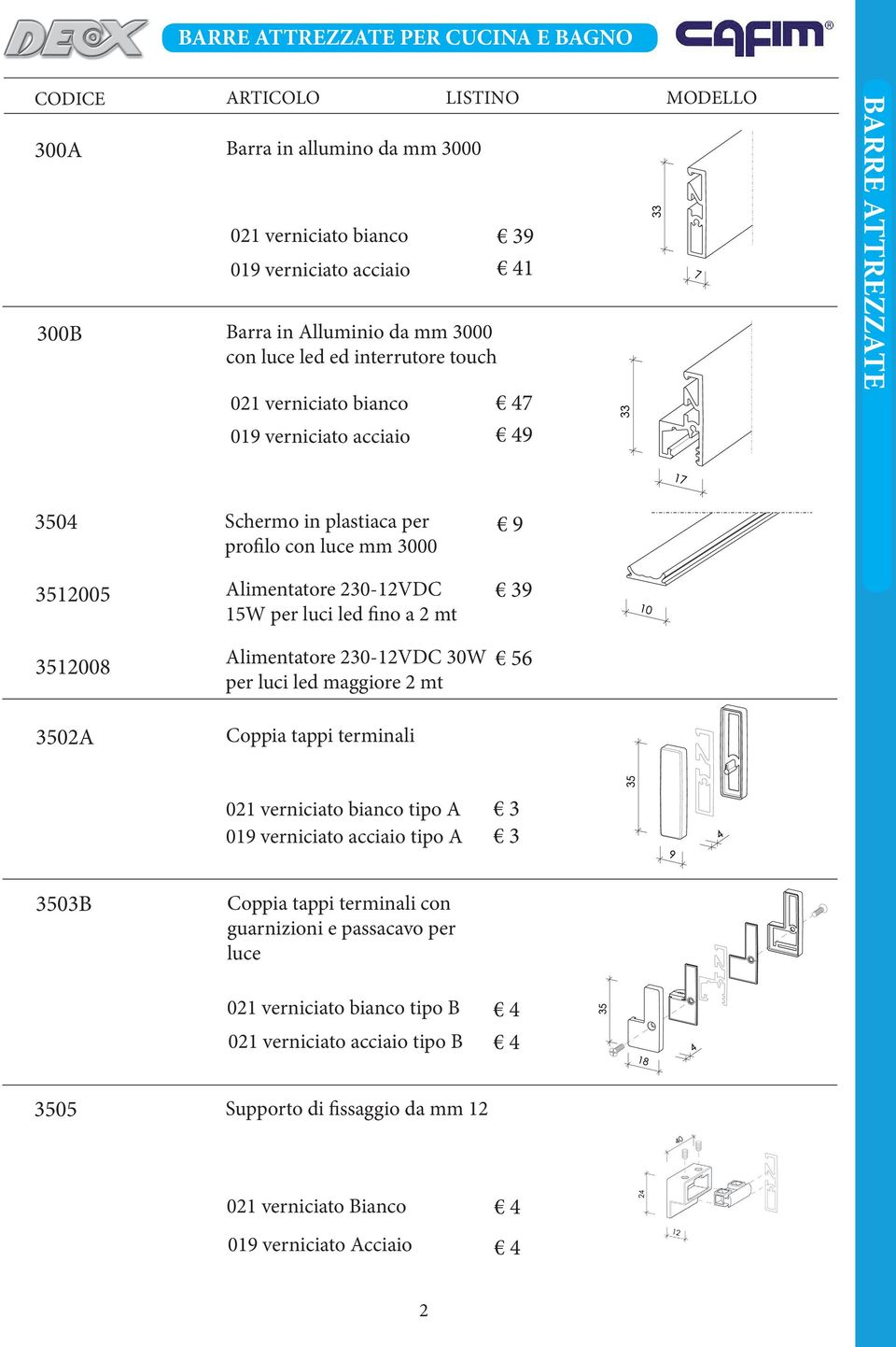 230-12VDC 15W per luci led fino a 2 mt Alimentatore 230-12VDC 30W per luci led maggiore 2 mt Coppia tappi terminali 39 56 021 verniciato bianco tipo A 3 019 verniciato acciaio tipo A 3 3503B