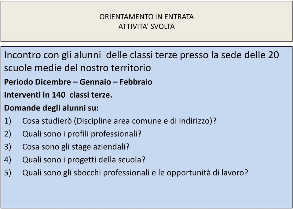 Domande degli alunni su: 1) Cosa studierò (Discipline area comune e di indirizzo)?