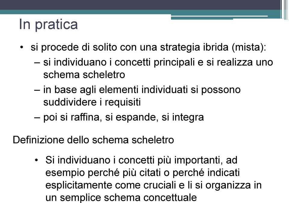 raffina, si espande, si integra Definizione dello schema scheletro Si individuano i concetti più importanti, ad