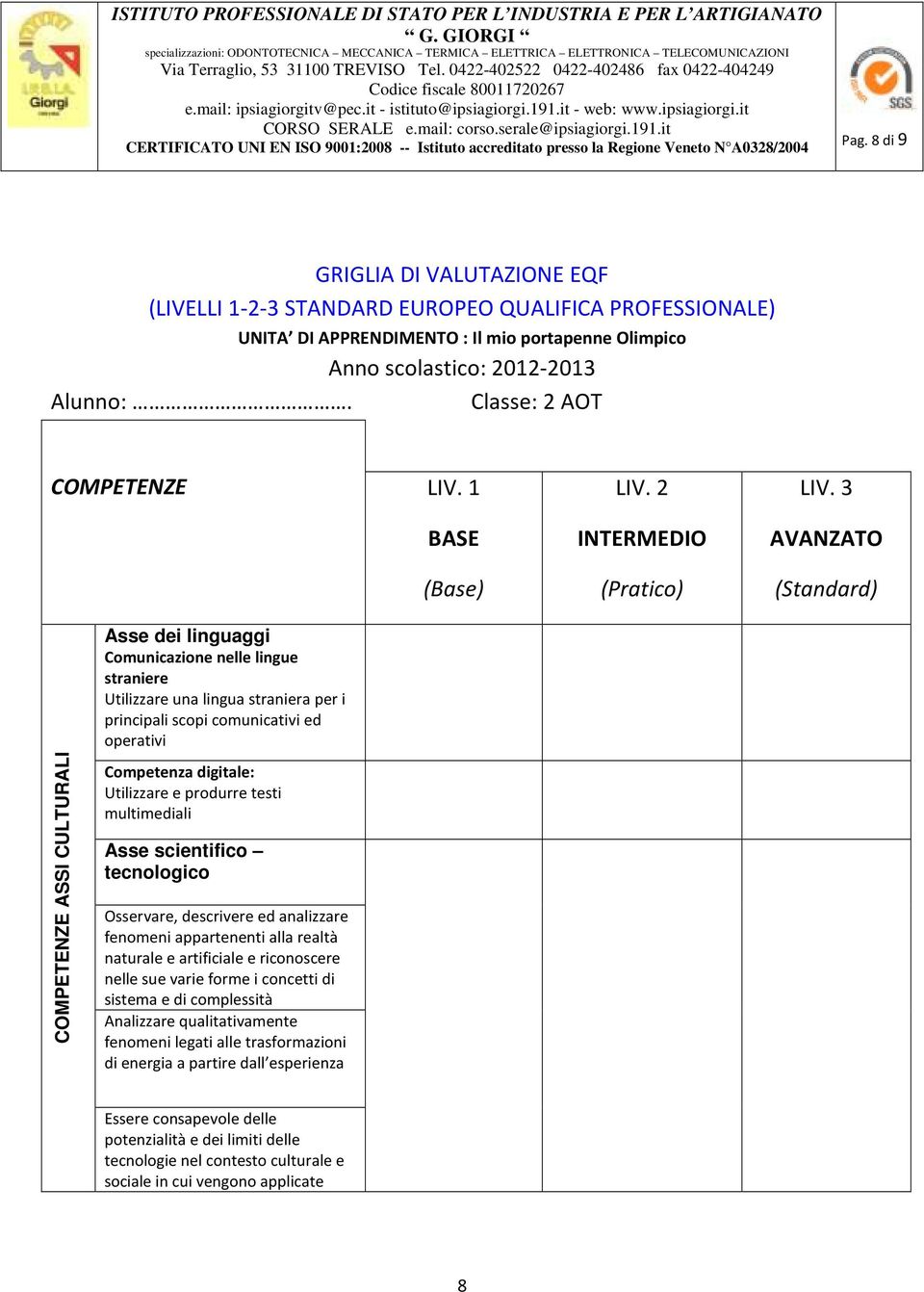 3 AVANZATO (Standard) COMPETENZE ASSI CULTURALI Asse dei linguaggi Comunicazione nelle lingue straniere Utilizzare una lingua straniera per i principali scopi comunicativi ed operativi Competenza