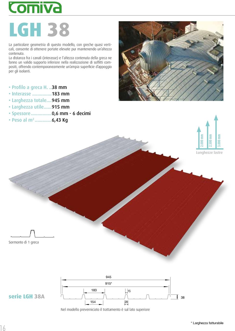 un ampia superficie d appoggio per gli isolanti. Profilo a greca H...38 mm Interasse...183 mm Larghezza totale...945 mm Larghezza utile...915 mm Spessore.