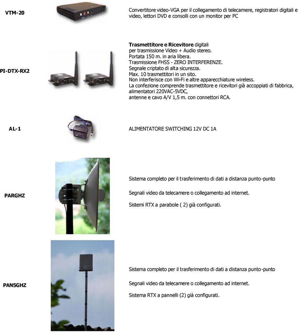 Non interferisce con Wi-Fi e altre apparecchiature wireless. La confezione comprende trasmettitore e ricevitori già accoppiati di fabbrica, alimentatori 220VAC-5VDC, antenne e cavo A/V 1,5 m.