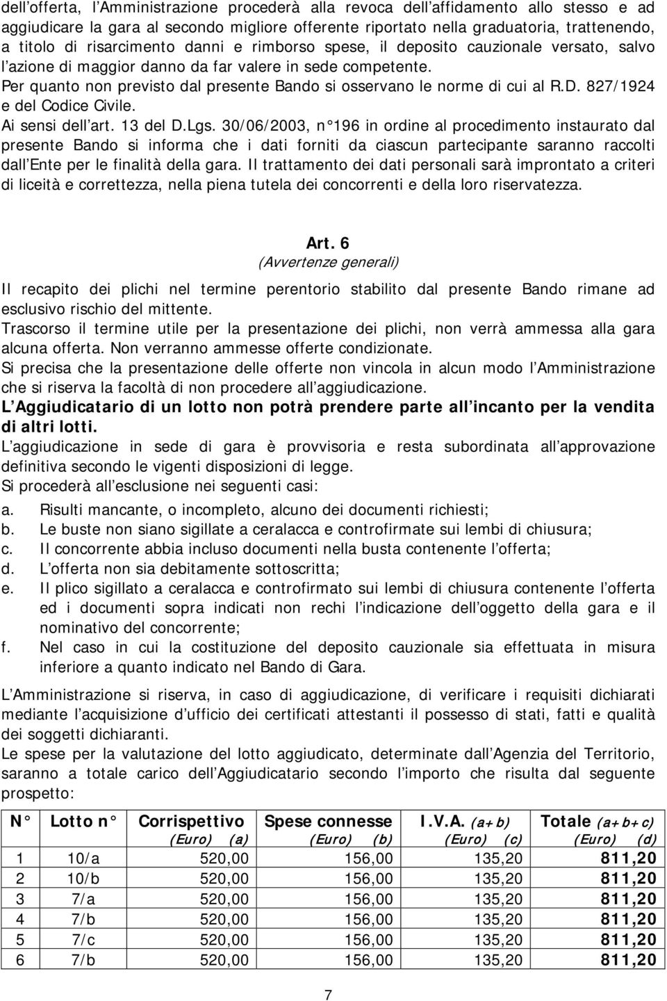 Per quanto non previsto dal presente Bando si osservano le norme di cui al R.D. 827/1924 e del Codice Civile. Ai sensi dell art. 13 del D.Lgs.