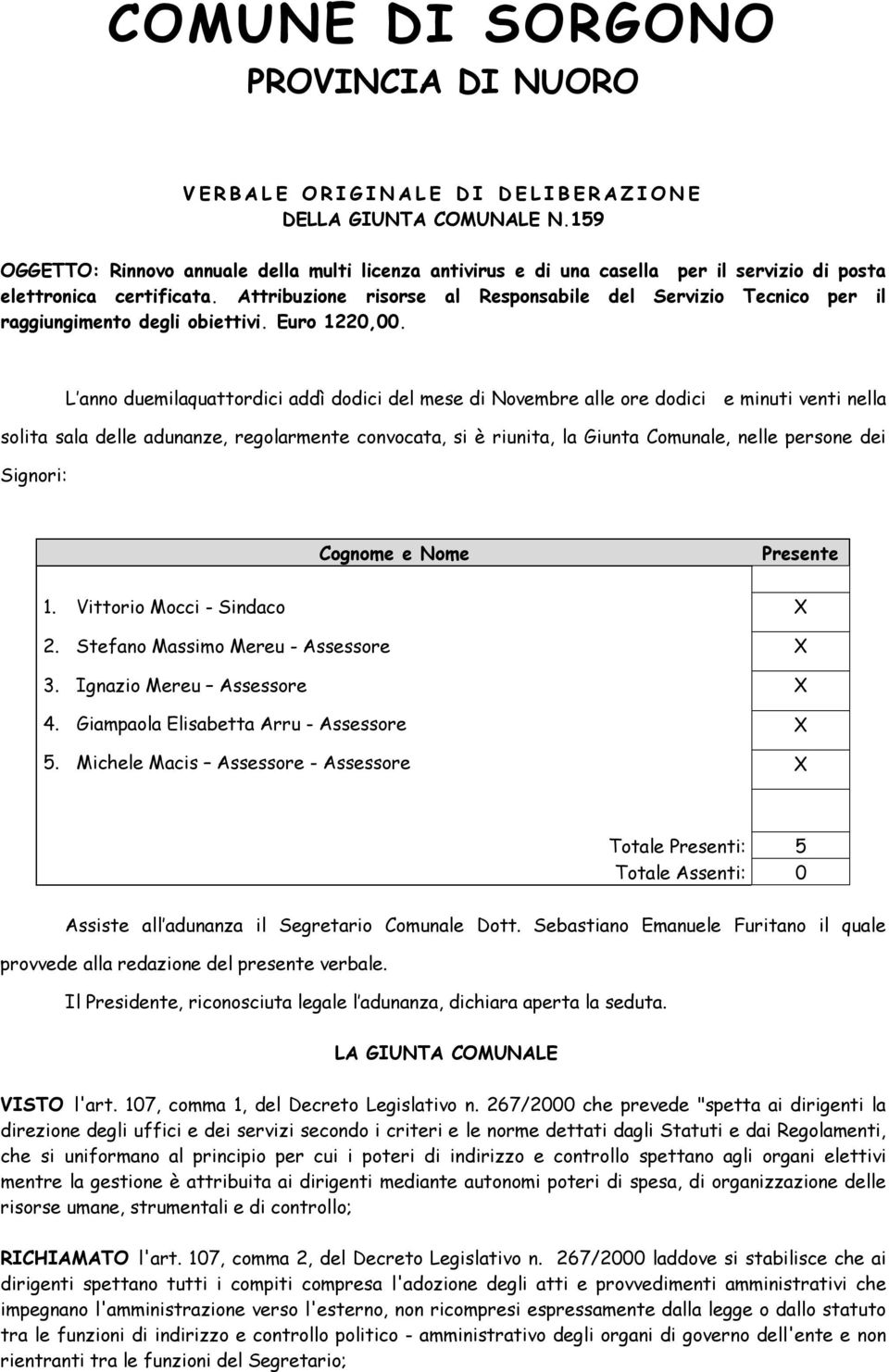 Attribuzione risorse al Responsabile del Servizio Tecnico per il raggiungimento degli obiettivi. Euro 1220,00.