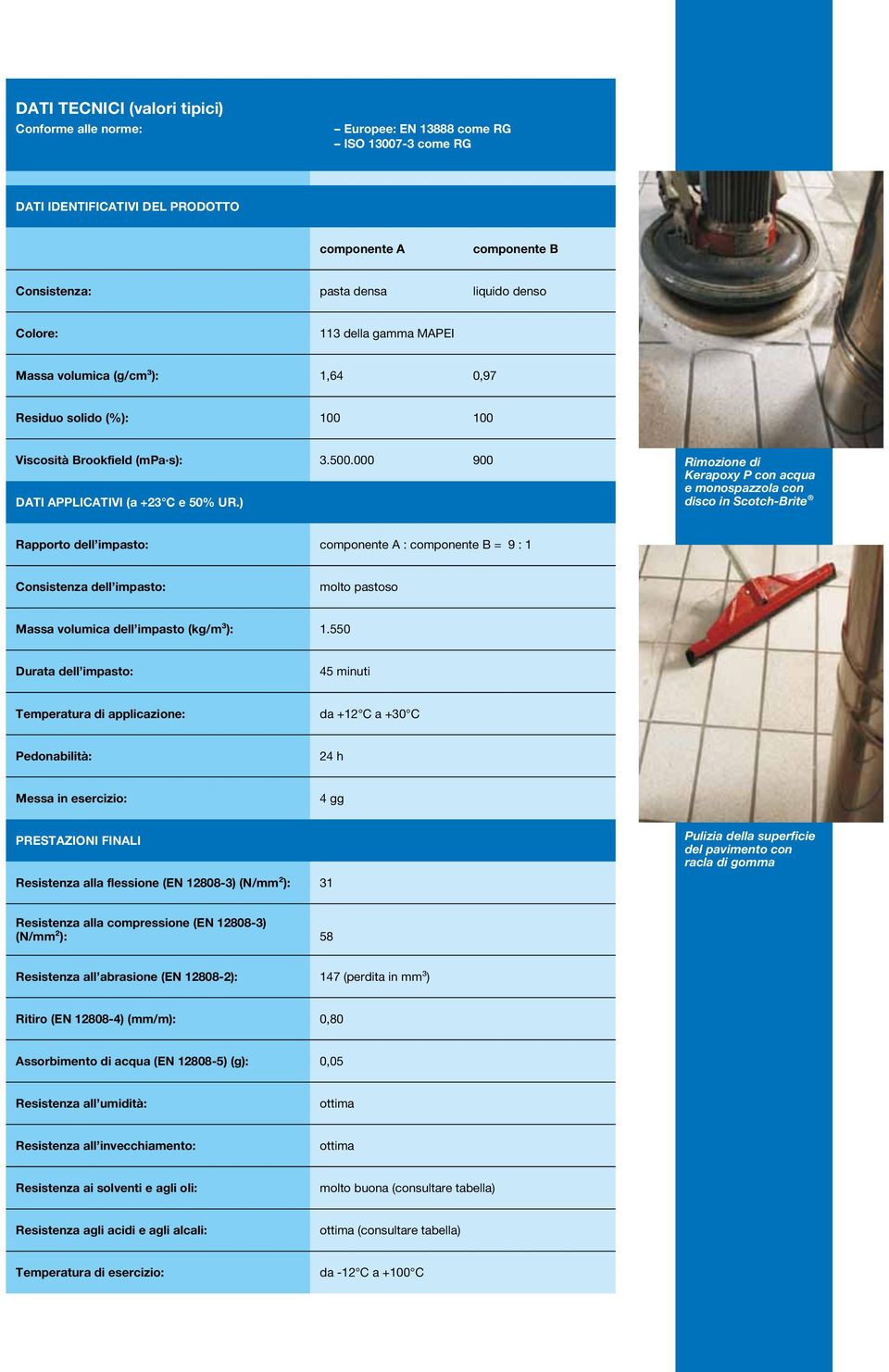 ) Rimozione di Kerapoxy P con acqua e monospazzola con disco in Scotch-Brite Rapporto dell impasto: componente A : componente B = 9 : 1 Consistenza dell impasto: molto pastoso Massa volumica dell