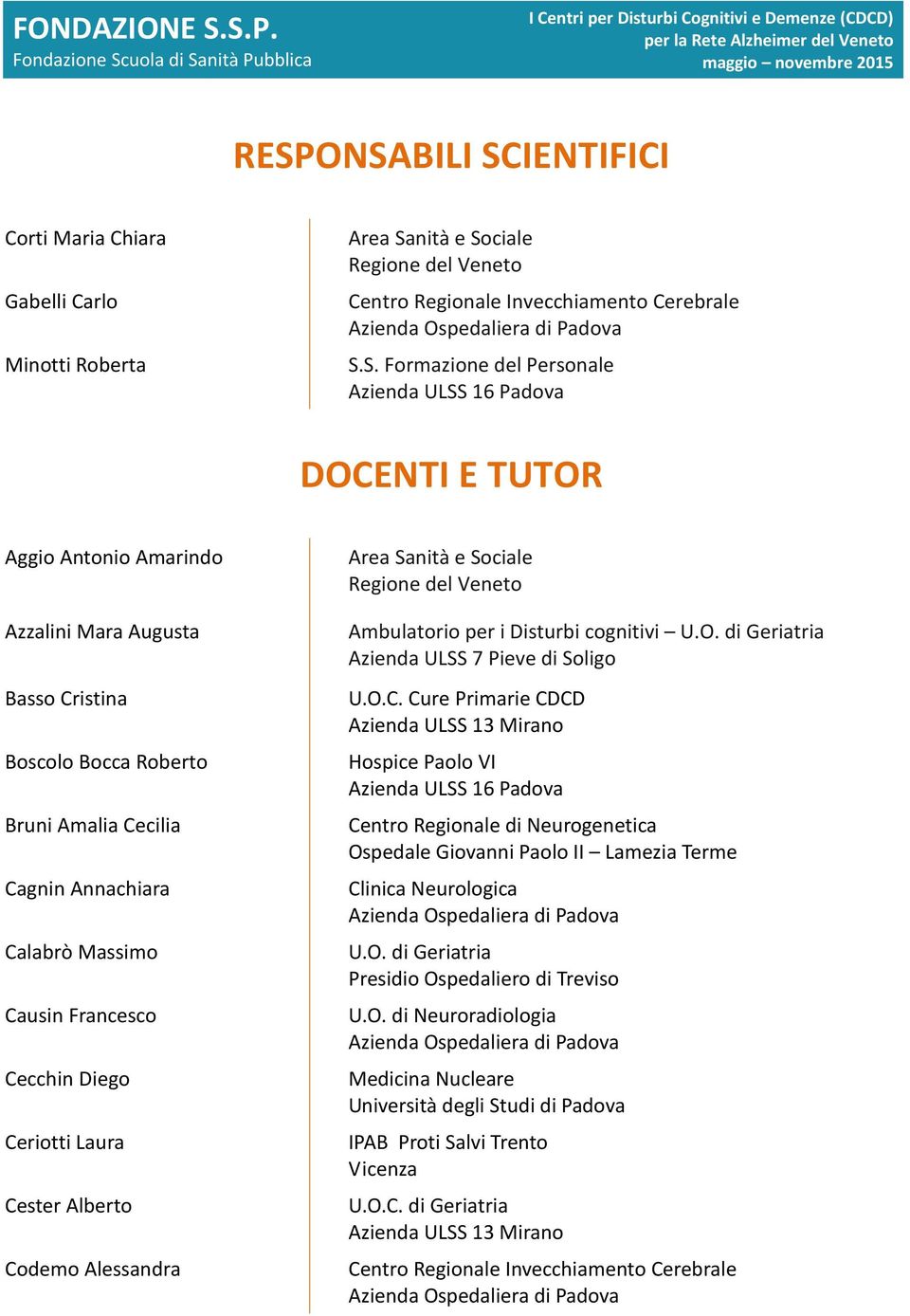 Alessandra Area Sanità e Sociale Regione del Veneto Ambulatorio per i Disturbi cognitivi U.O. di Geriatria Azienda ULSS 7 Pieve di Soligo U.O.C.