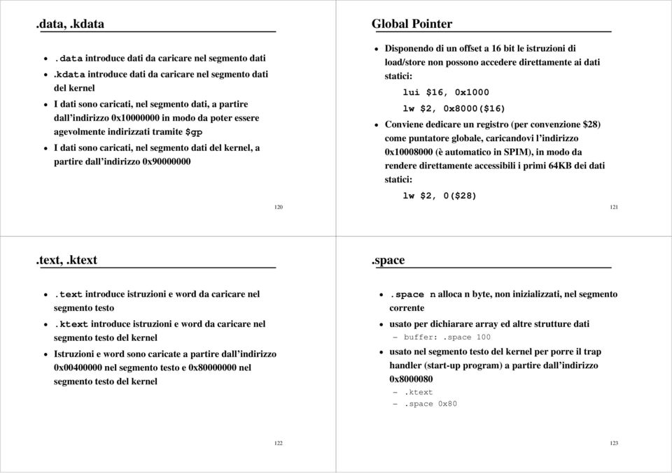 I dati sono caricati, nel segmento dati del kernel, a partire dall indirizzo 0x90000000 120 Disponendo di un offset a 16 bit le istruzioni di load/store non possono accedere direttamente ai dati