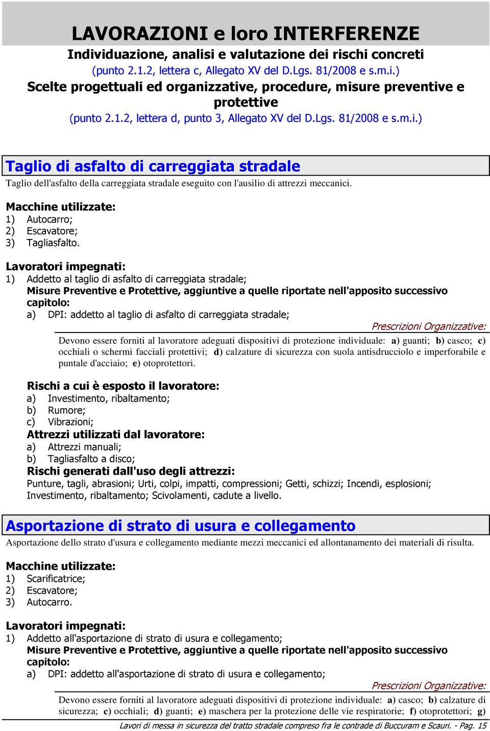 Macchine utilizzate: 1) Autocarro; 2) Escavatore; 3) Tagliasfalto.