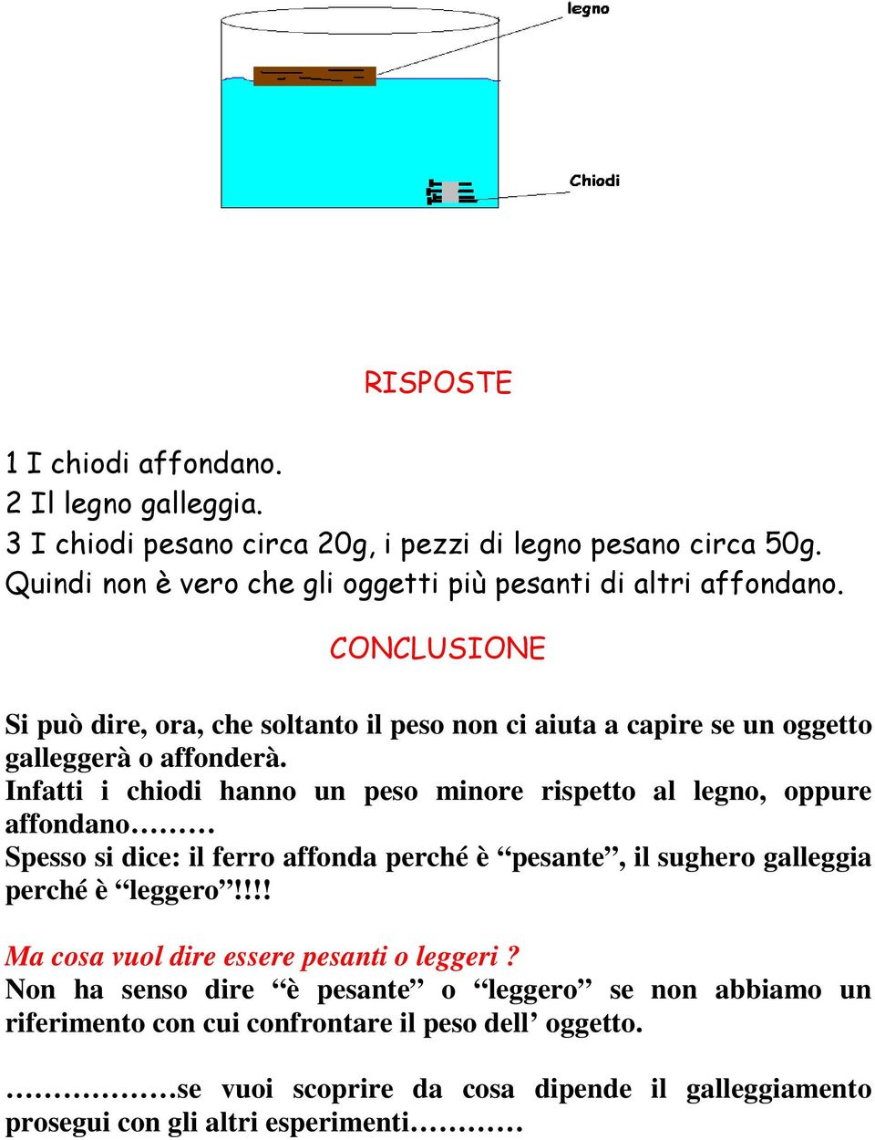 CONCLUSIONE Si può dire, ora, che soltanto il peso non ci aiuta a capire se un oggetto galleggerà o affonderà.