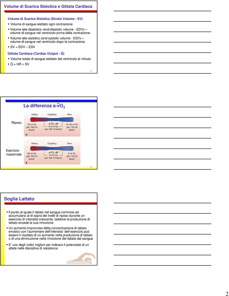 Q) Volume totale di sangue eiettato dal ventricolo al minuto Q = HR SV 4 4 La differenza a-vo 2 Riposo Esercizio massimale 5 5 Soglia Lattato Il punto al quale il lattato nel sangue comincia ad
