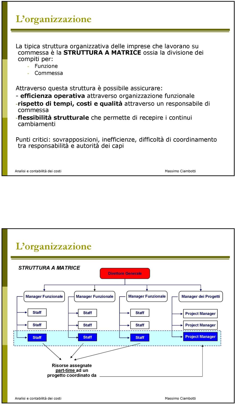 che permette di recepire i continui cambiamenti Punti critici: sovrapposizioni, inefficienze, difficoltà di coordinamento tra responsabilità e autorità dei capi L organizzazione STRUTTURA A