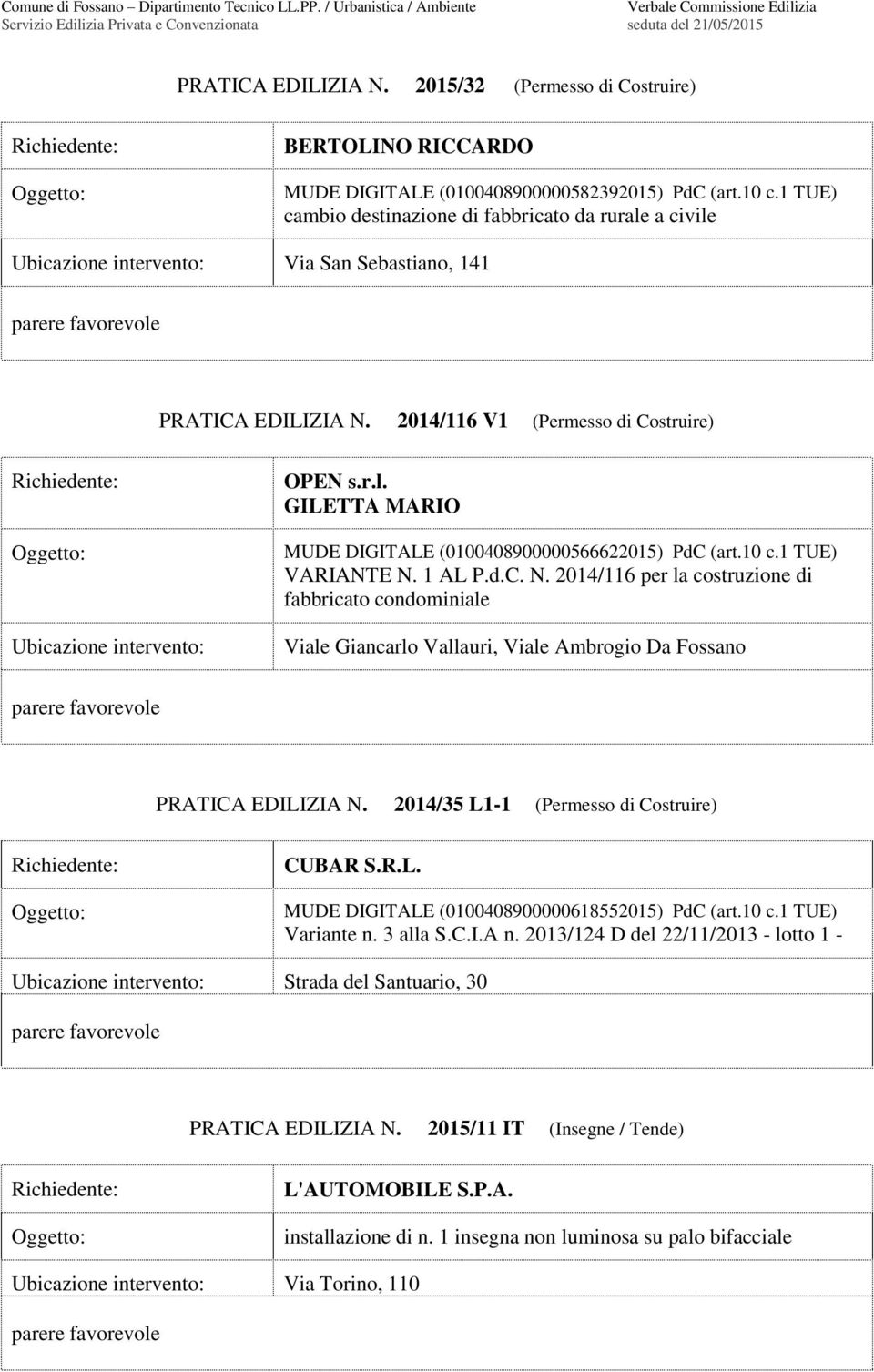 10 c.1 VARIANTE N. 1 AL P.d.C. N. 2014/116 per la costruzione di fabbricato condominiale Viale Giancarlo Vallauri, Viale Ambrogio Da Fossano PRATICA EDILIZIA N.