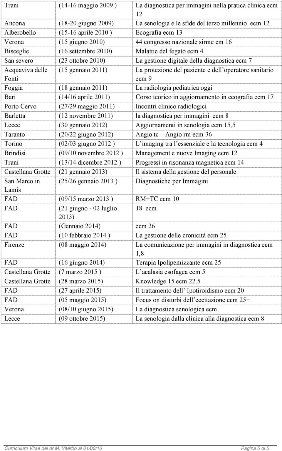 ecm 7 Acquaviva delle Fonti (15 gennaio 2011) La protezione del paziente e dell operatore sanitario ecm 9 Foggia (18 gennaio 2011) La radiologia pediatrica oggi Bari (14/16 aprile 2011) Corso teorico