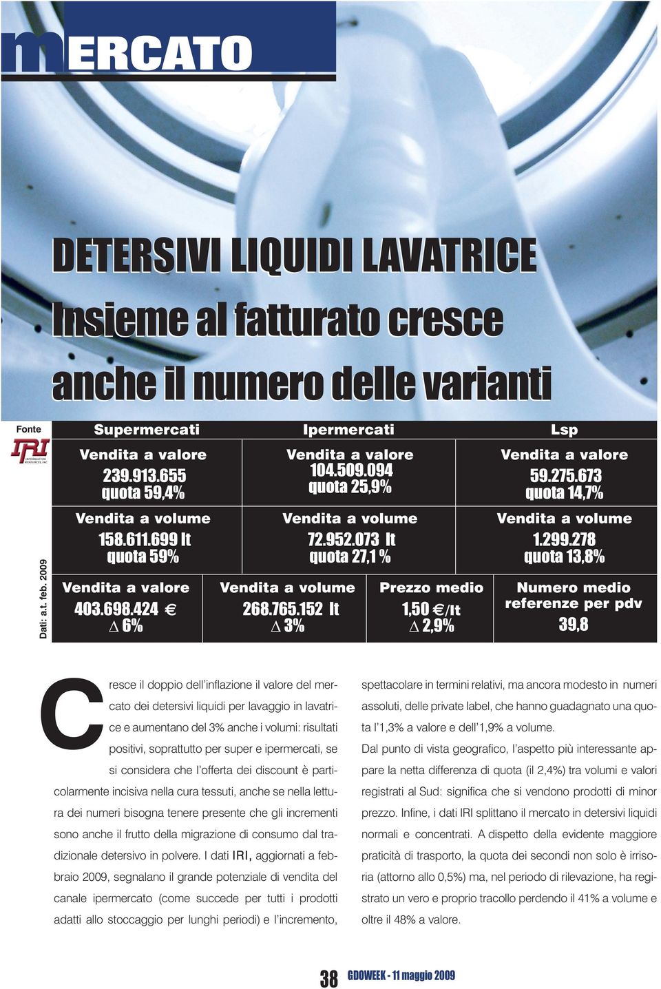 8 quota,8% Numero medio referenze per pdv 9,8 Cresce il doppio dell inflazione il valore del mercato dei detersivi liquidi per lavaggio in lavatrice e aumentano del % anche i volumi: risultati