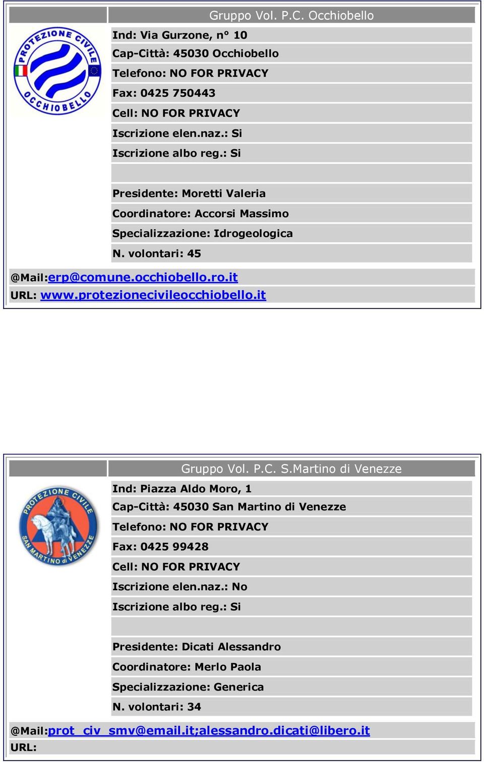 Massimo Specializzazione: Idrogeologica N. volontari: 45 @Mail:erp@comune.occhiobello.ro.it www.protezionecivileocchiobello.