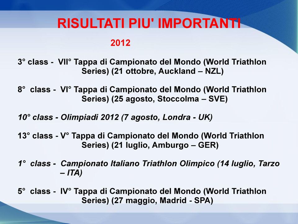 Londra - UK) 13 class - V Tappa di Campionato del Mondo (World Triathlon Series) (21 luglio, Amburgo GER) 1 class - Campionato