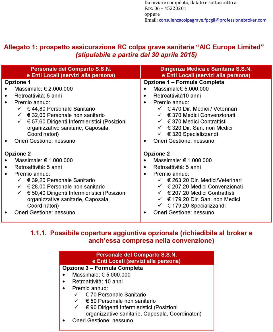 S.N. Opzione 1 Formula Completa Massimale 5.000.000 Retroattività10 anni 470 Dir. Medici / Veterinari 370 Medici Convenzionati 370 Medici Contrattisti 320 Dir. San.