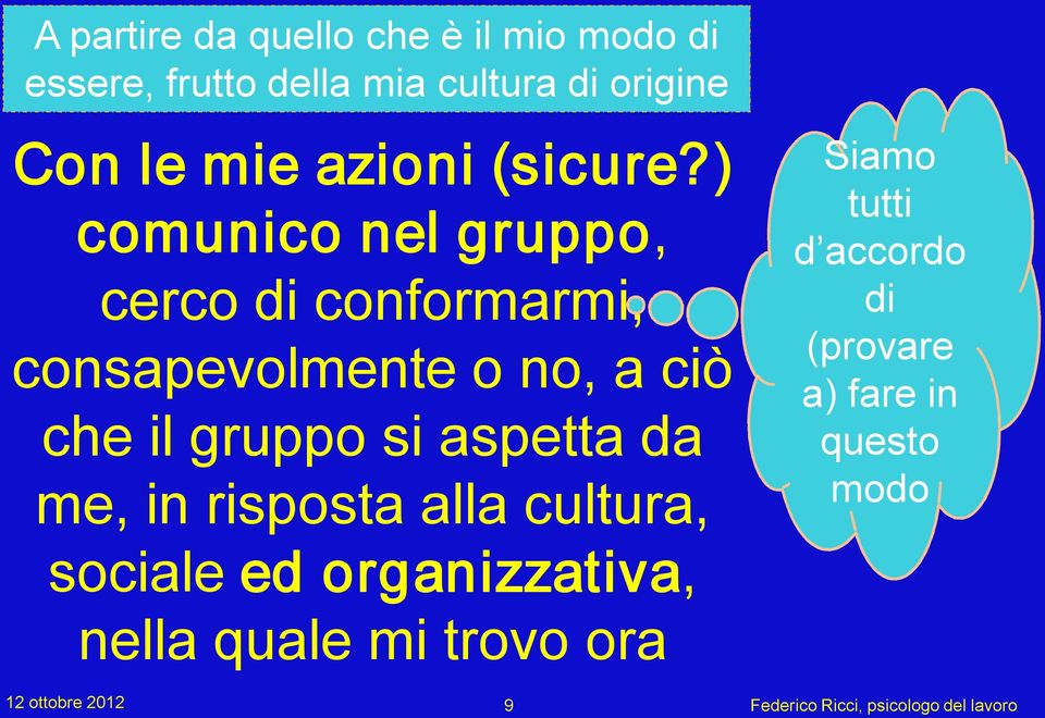 ) comunico nel gruppo, cerco di conformarmi, consapevolmente o no, a ciò che il gruppo