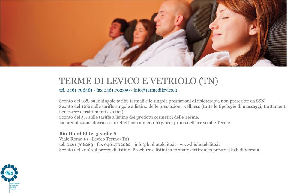 Sconto del 10% sulle tariffe singole a listino delle prestazioni wellness (tutte le tipologie di massaggi, trattamenti benessere e trattamenti estetici).