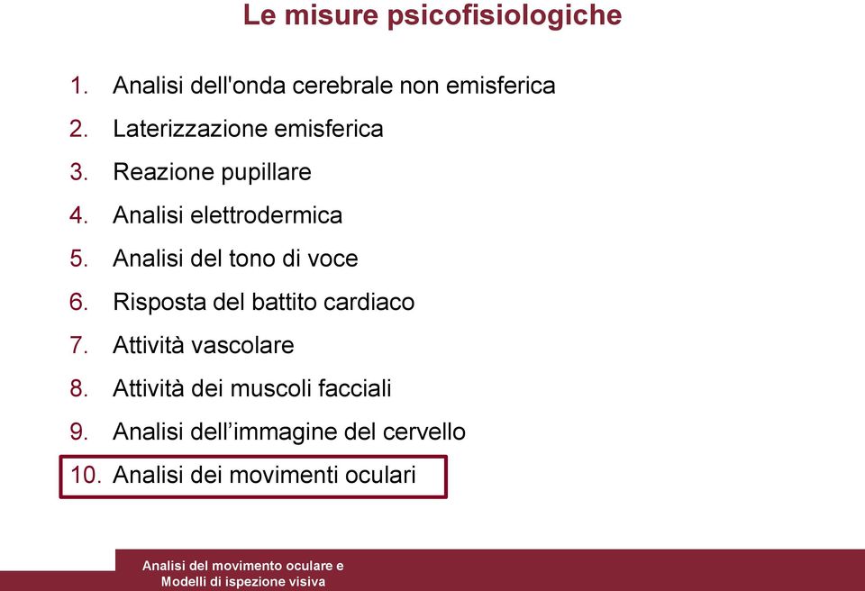 Analisi del tono di voce 6. Risposta del battito cardiaco 7. Attività vascolare 8.