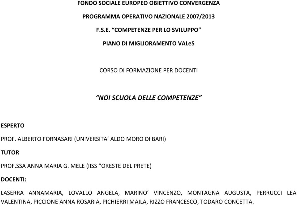 VALeS CORSO DI FORMAZIONE PER DOCENTI NOI SCUOLA DELLE COMPETENZE ESPERTO PROF.