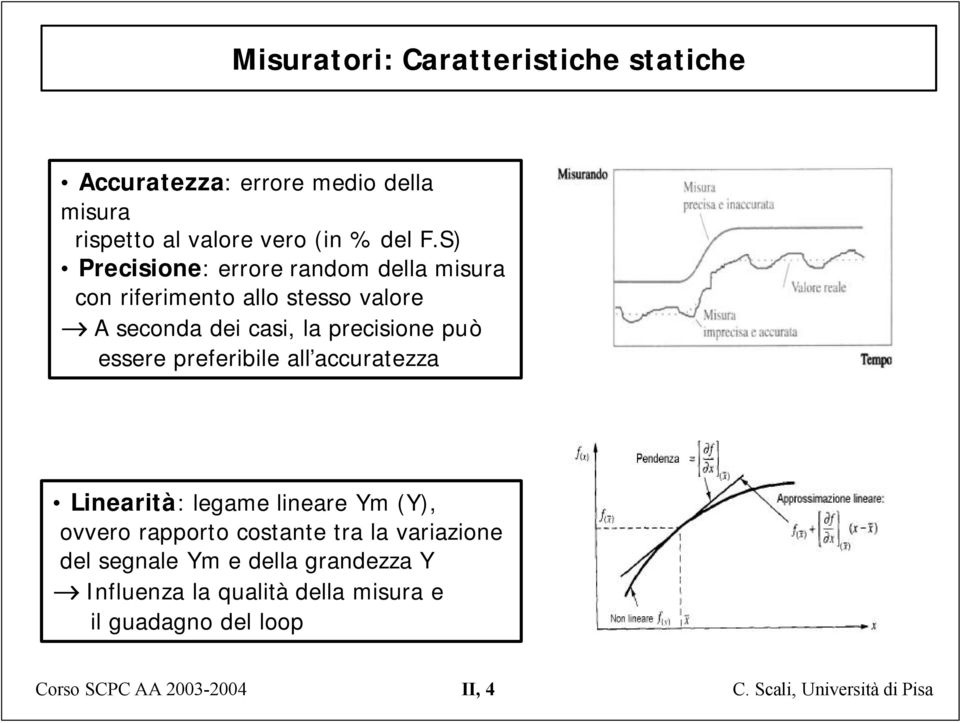 precisione può essere preferibile all accuratezza Linearità: legame lineare Ym (Y), ovvero rapporto costante