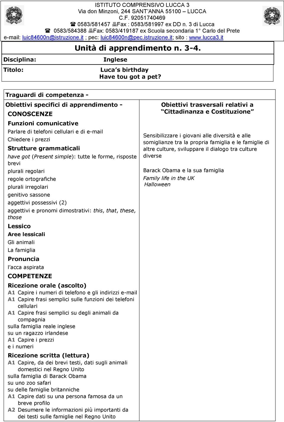 simple): tutte le forme, risposte brevi plurali regolari regole ortografiche plurali irregolari genitivo sassone aggettivi possessivi (2) aggettivi e pronomi dimostrativi: this, that, these, those