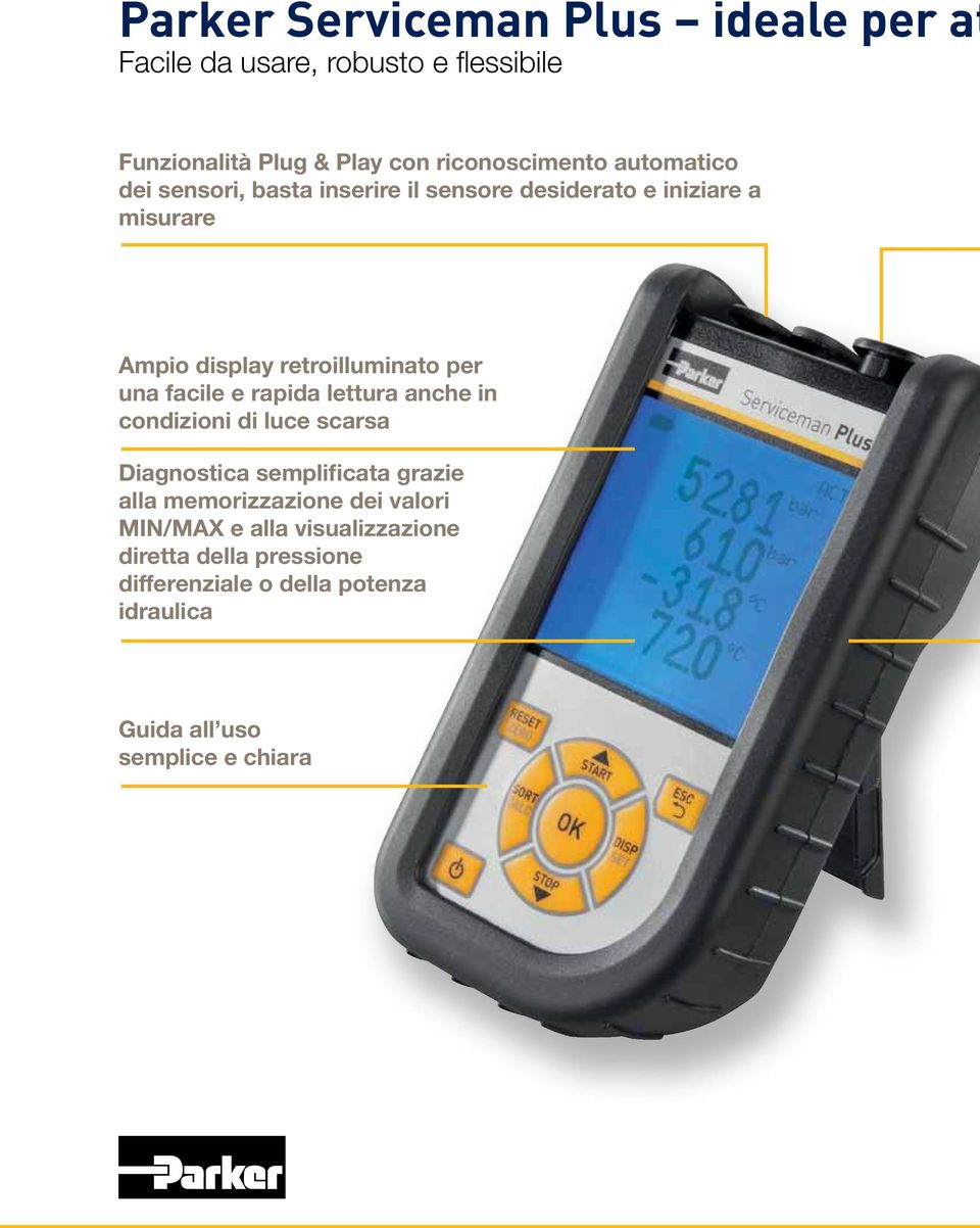 facile e rapida lettura anche in condizioni di luce scarsa Diagnostica semplificata grazie alla memorizzazione dei valori