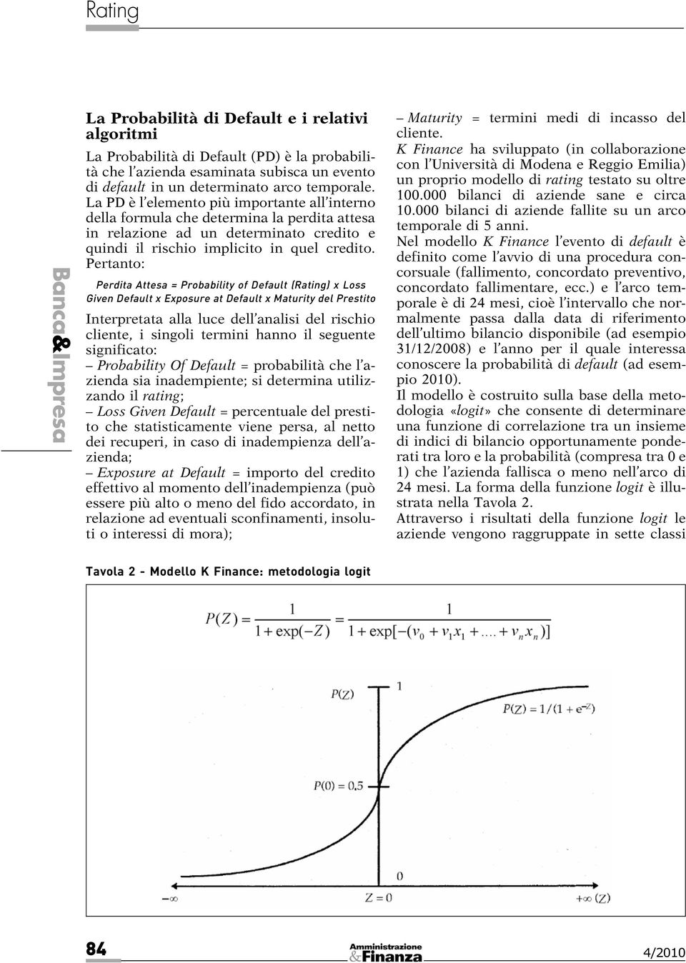 Pertanto: Perdita Attesa = Probability of Default (Rating) x Loss Given Default x Exposure at Default x Maturity del Prestito Interpretata alla luce dell analisi del rischio cliente, i singoli