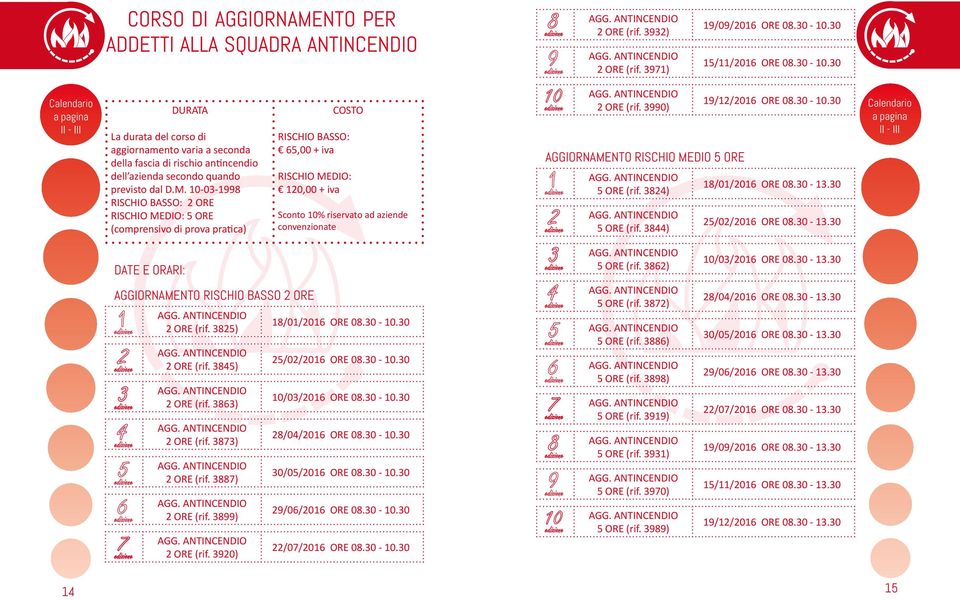 10-03-1998 RISCHIO BASSO: 2 ORE RISCHIO MEDIO: 5 ORE (comprensivo di prova pratica) RISCHIO BASSO: 65,00 + iva RISCHIO MEDIO: 120,00 + iva Sconto 10% riservato ad aziende convenzionate AGG.