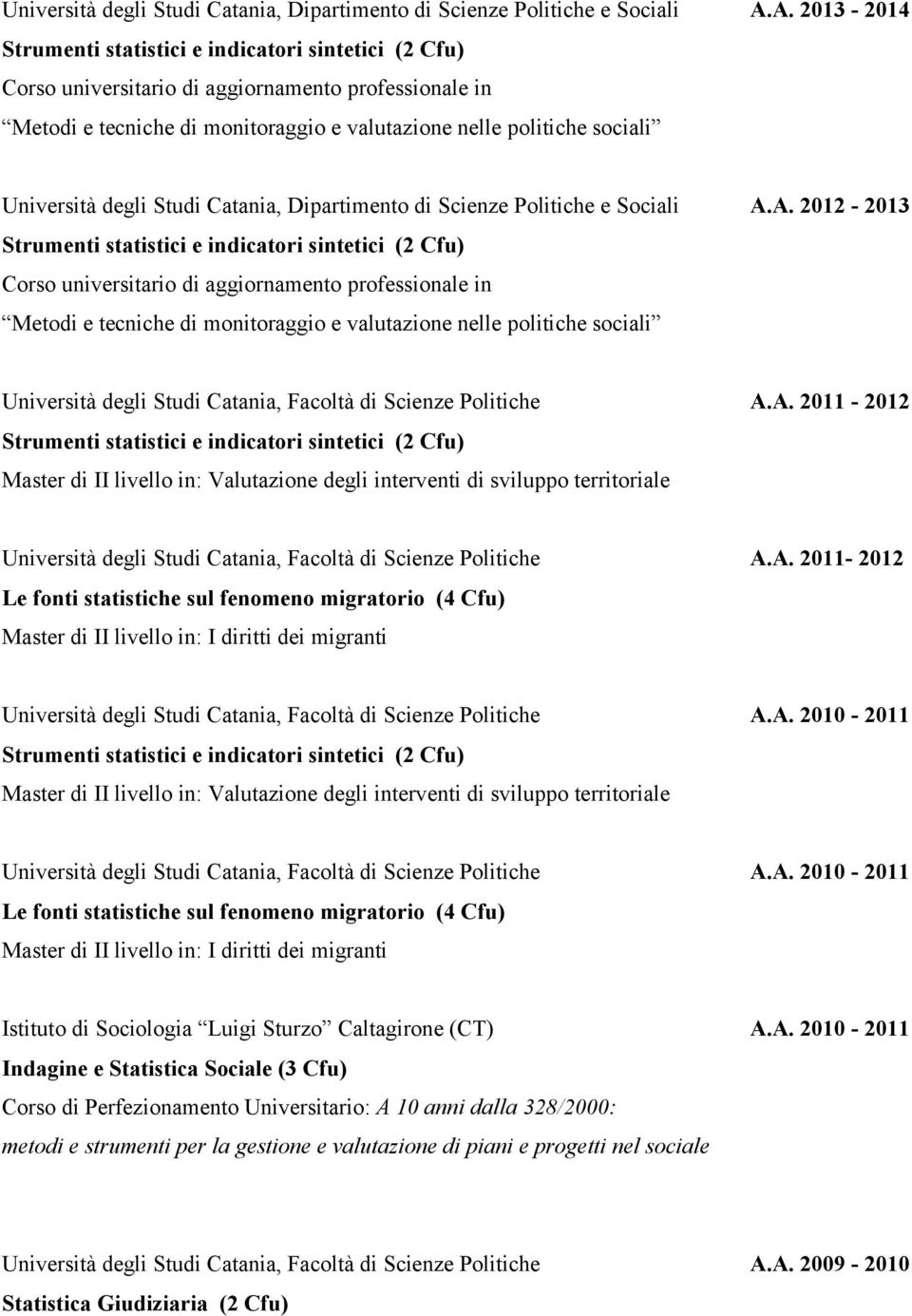 2012-2013 Corso universitario di aggiornamento professionale in Metodi e tecniche di monitoraggio e valutazione nelle politiche sociali Università degli Studi Catania, Facoltà di Scienze Politiche A.