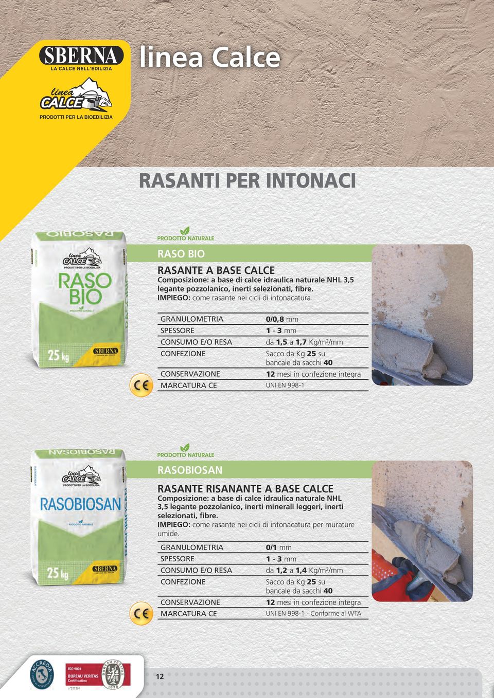 0/0,8 mm spessore 1-3 mm da 1,5 a 1,7 Kg/m²/mm Marcatura CE UNI EN 998-1 rasobiosan RASANTE RISANANTE A BASE CALCE Composizione: a base di