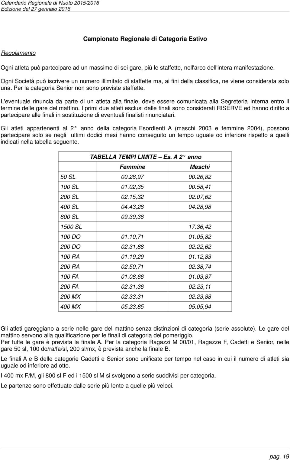 L'eventuale rinuncia da parte di un atleta alla finale, deve essere comunicata alla Segreteria Interna entro il termine delle gare del mattino.