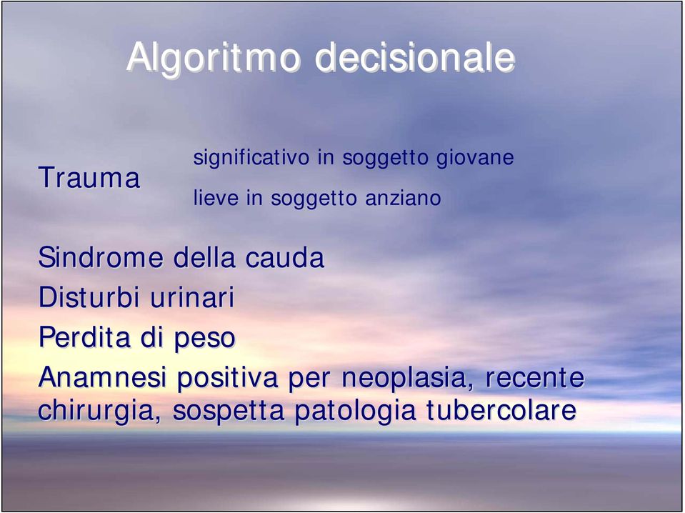 Disturbi urinari Perdita di peso Anamnesi positiva per