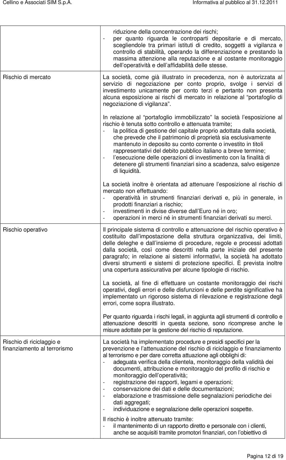 Rischio di mercato La società, come già illustrato in precedenza, non è autorizzata al servizio di negoziazione per conto proprio, svolge i servizi di investimento unicamente per conto terzi e