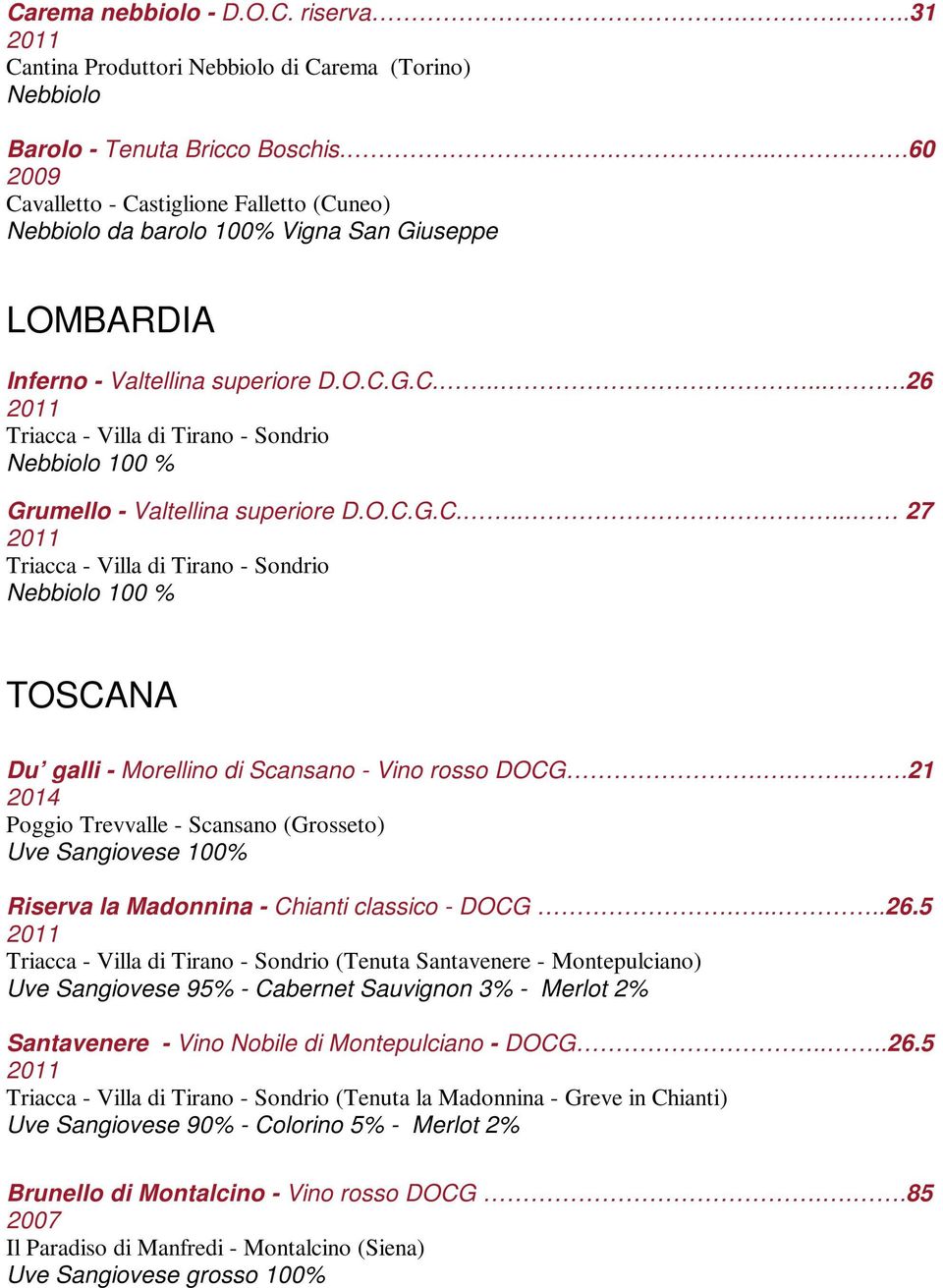 O.C.G.C...... 27 Triacca - Villa di Tirano - Sondrio Nebbiolo 100 % TOSCANA Du galli - Morellino di Scansano - Vino rosso DOCG.