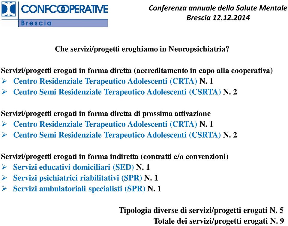 1 Centro Semi Residenziale Terapeutico Adolescenti (CSRTA) N. 2 Servizi/progetti erogati in forma diretta di prossima attivazione Centro Residenziale Terapeutico Adolescenti (CRTA) N.