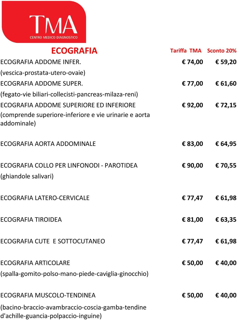 ECOGRAFIA AORTA ADDOMINALE 83,00 64,95 ECOGRAFIA COLLO PER LINFONODI - PAROTIDEA 90,00 70,55 (ghiandole salivari) ECOGRAFIA LATERO-CERVICALE 77,47 61,98 ECOGRAFIA TIROIDEA 81,00 63,35