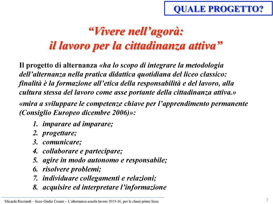 » «mira a sviluppare le competenze chiave per l apprendimento permanente (Consiglio Europeo dicembre 2006)»: 1. imparare ad imparare; 2. progettare; 3.