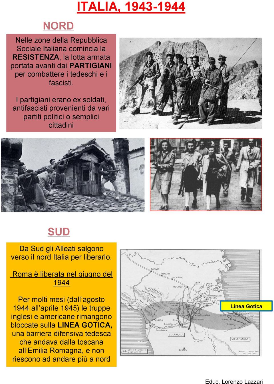 I partigiani erano ex soldati, antifascisti provenienti da vari partiti politici o semplici cittadini ITALIA, 1943-1944 SUD Da Sud gli Alleati salgono verso