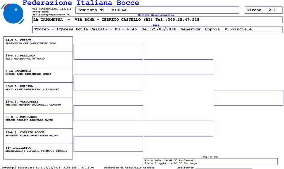 S. COSSATO BOCCE BRAGHINI ROBERTO-GECCHELIN MAURO 18- GAGLIANICO DEBERNARDINI GIOVANNI-FERRARIS GIORGIO Piano Sole ore 08:30 Parlamento.