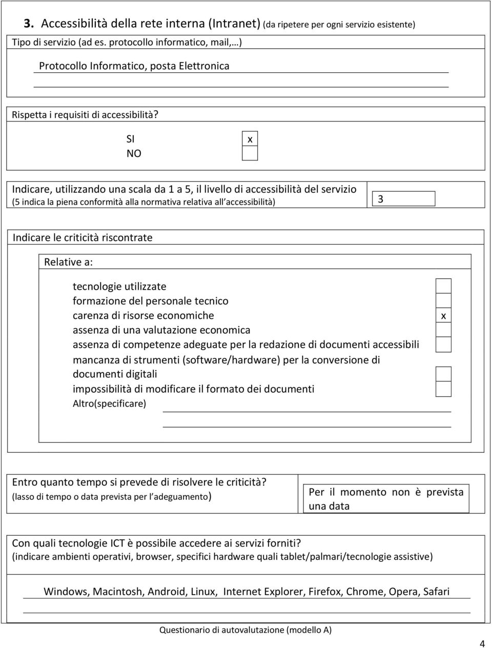 Indicare, utilizzand una scala da 1 a 5, il livell di accessibilità del servizi (5 indica la piena cnfrmità alla nrmativa relativa all accessibilità) 3 Indicare le criticità riscntrate Relative a: