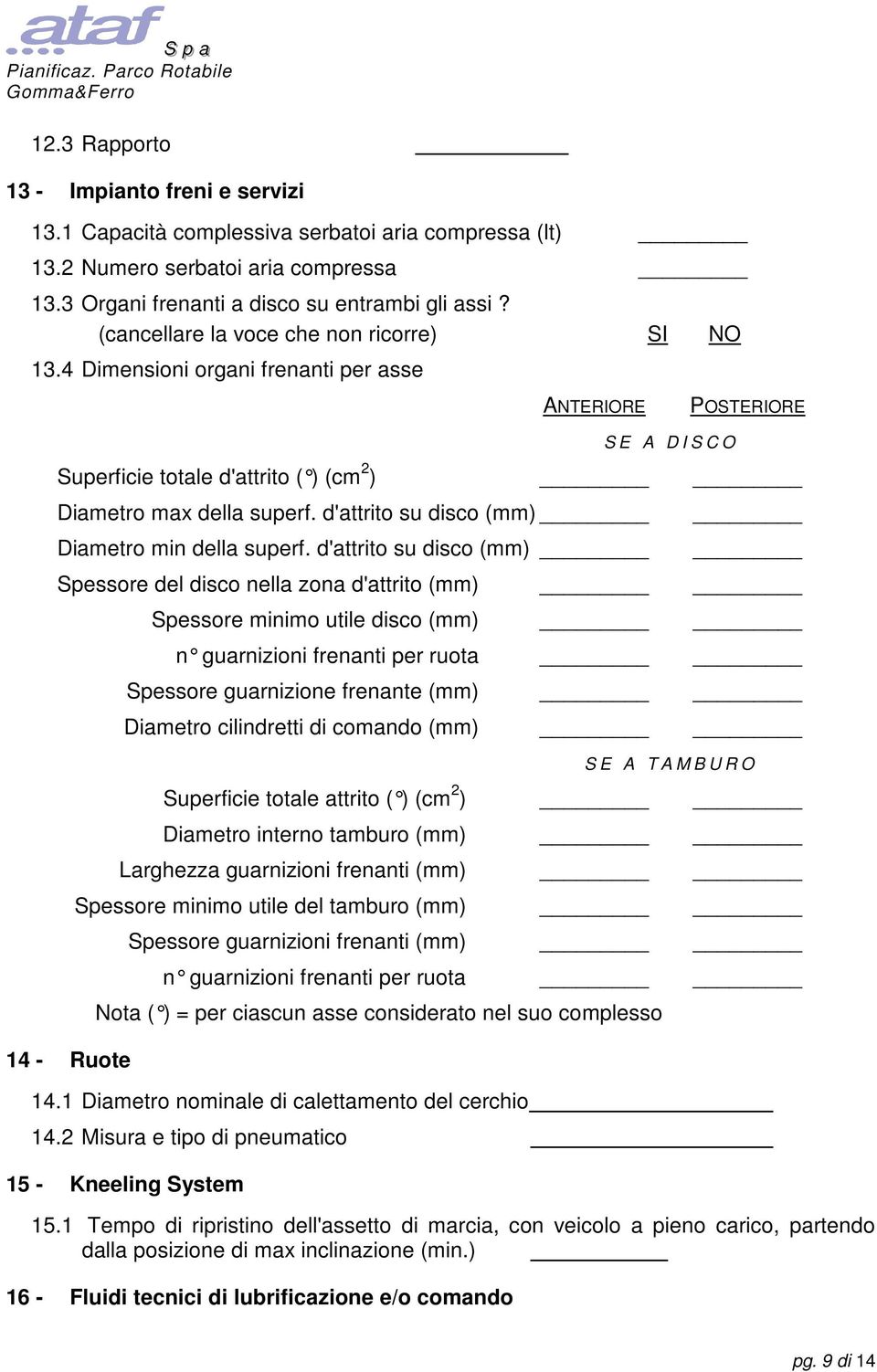 d'attrito su disco (mm) Spessore del disco nella zona d'attrito (mm) 14 - Ruote Spessore minimo utile disco (mm) n guarnizioni frenanti per ruota Spessore guarnizione frenante (mm) Diametro