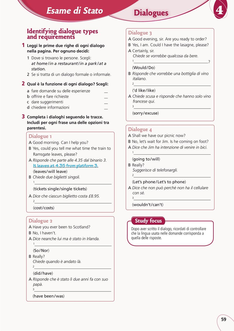 Qual è la funzione di ogni dialogo Scegli: a fare domande su delle esperienze b offrire e fare richieste c dare suggerimenti d chiedere informazioni Completa i dialoghi seguendo le tracce.