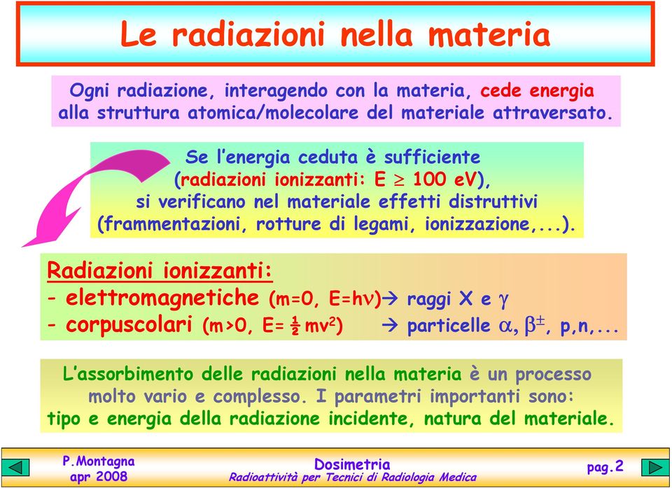 ionizzazione,...). Radiazioni ionizzanti: - elettromagnetiche (m=0, E=hν) raggi X e γ - corpuscolari (m>0, E= ½ mv 2 ) particelle α, β ±, p,n,.