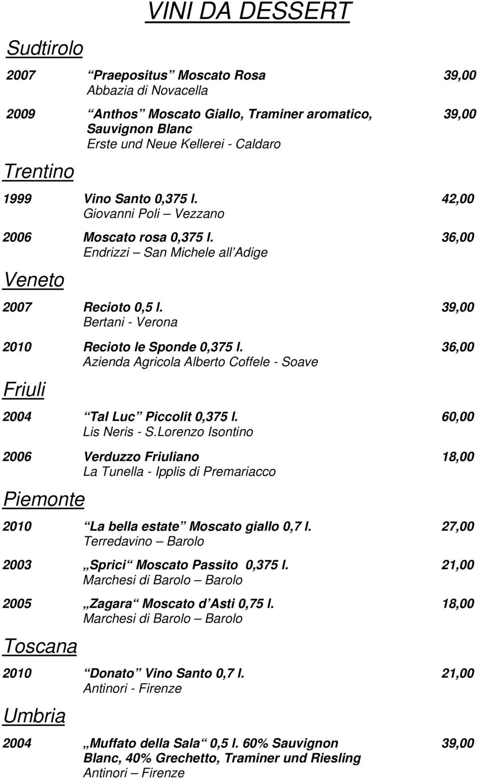 36,00 Azienda Agricola Alberto Coffele - Soave Friuli 2004 Tal Luc Piccolit 0,375 l. 60,00 Lis Neris - S.