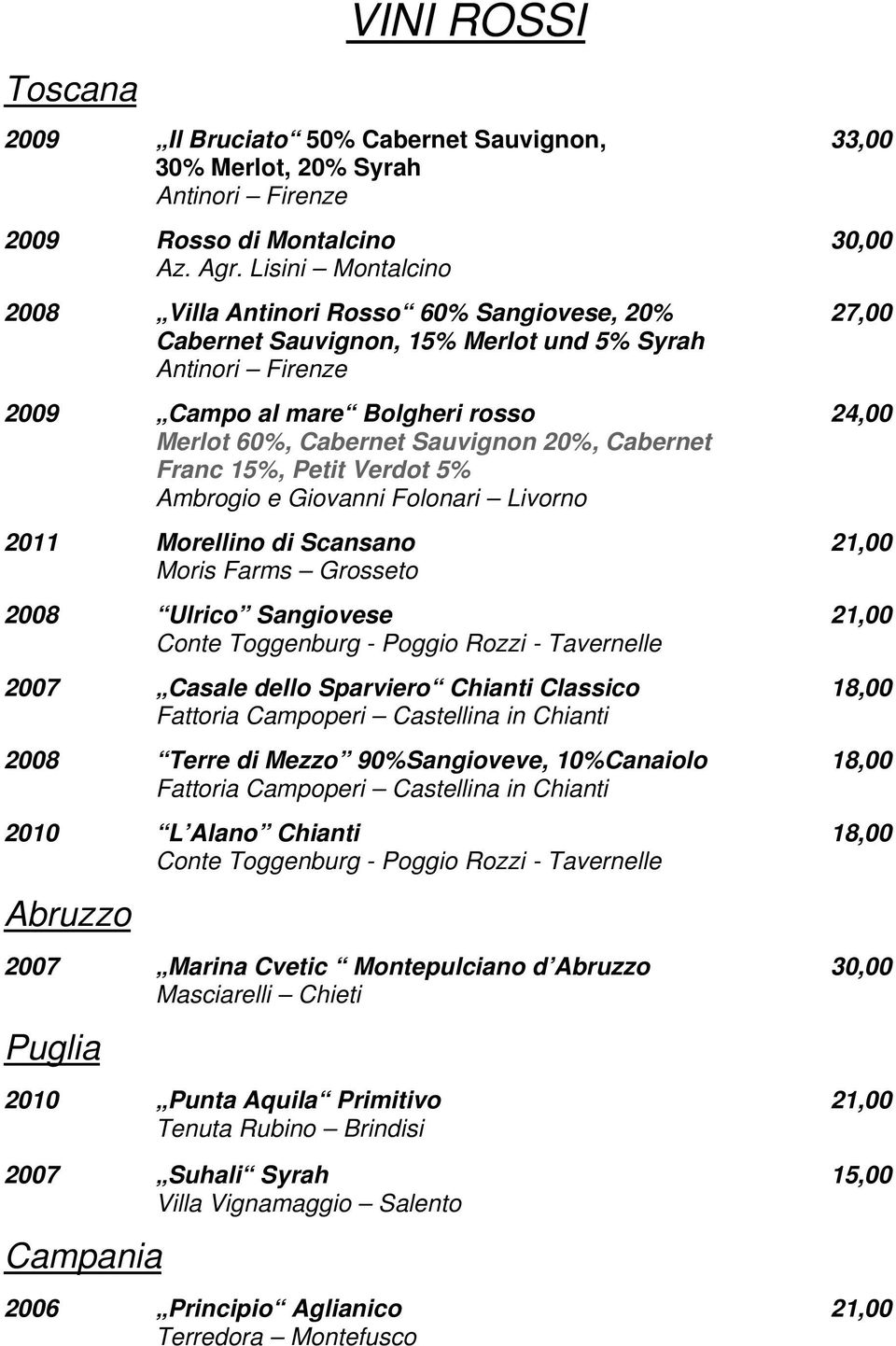 Cabernet Franc 15%, Petit Verdot 5% Ambrogio e Giovanni Folonari Livorno 27,00 24,00 2011 Morellino di Scansano 21,00 Moris Farms Grosseto 2008 Ulrico Sangiovese 21,00 Conte Toggenburg - Poggio Rozzi